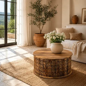 Aindri – Handgeschnitzter Couchtisch aus Mangoholz, 90 cm